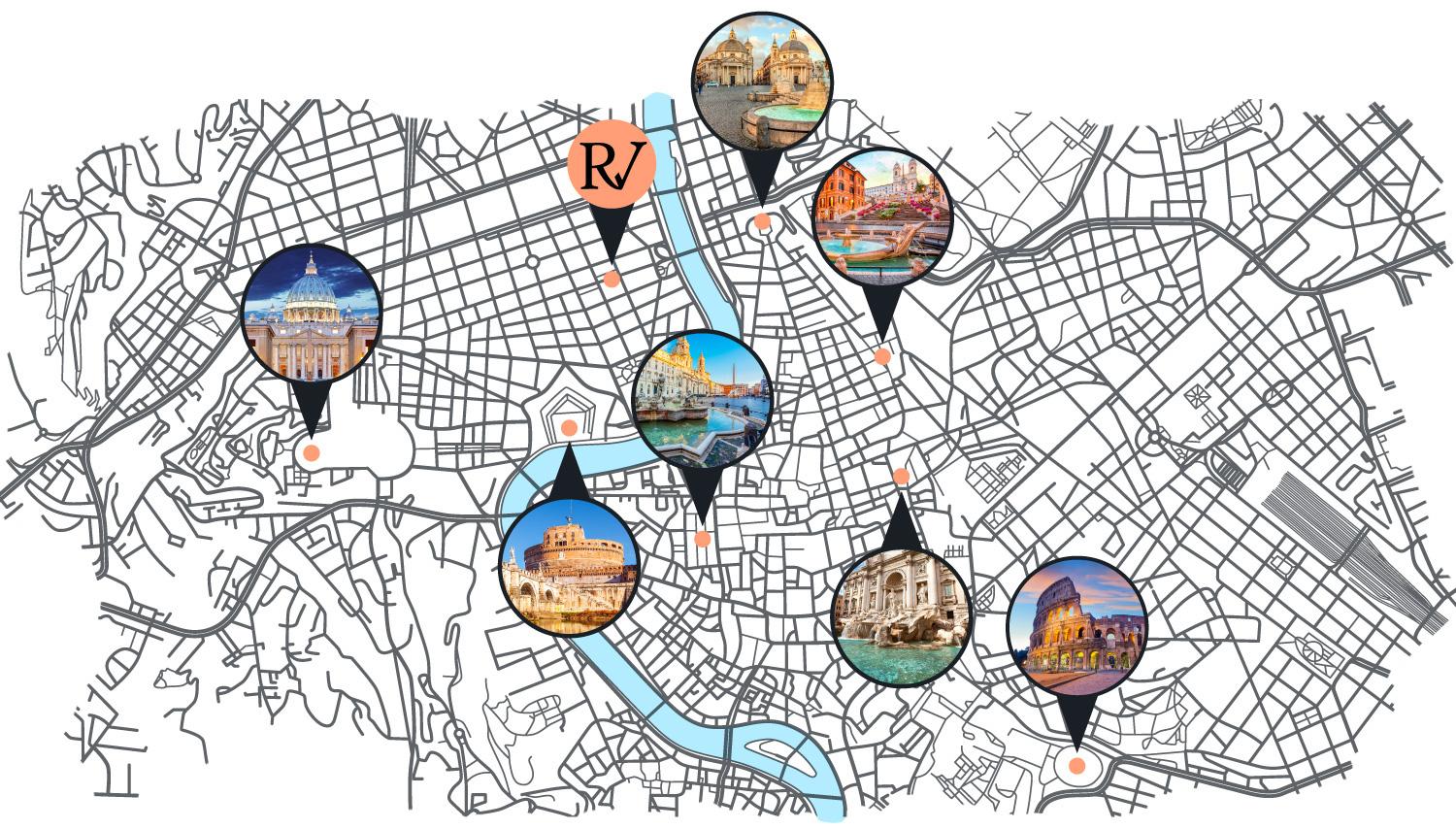 Mappa di Roma con i principali punti di interesse turistico evidenziati.